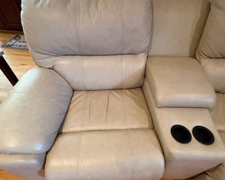 R1 - $350 Each. *2 Available* Haverty's Motion Leather Reclining Sofa. 3 seats - both ends are recliners. Moves in 5 Pieces. Assembled it is 113" long x 38" deep x 38" tall. Floor to Seat is 18.5".  These are located on the 3rd floor. YOU NEED 2 STRONG PEOPLE to move!