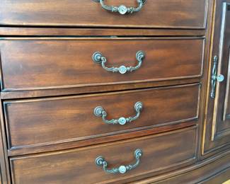 R11 - $750. Michael Amini Signature Series by AICO Hazelnut “Villagio” table & chairs wood dining table set & china cabinet.  Table does have some surface scratches and Table has 6 upholstered chairs and extendable leaf for flexible sizing. \  DIMENSIONS:  China Cabinet  Dimensions: 88 1/2"H x 66"W x 19"D Features Built in 3-mood touch lighting system