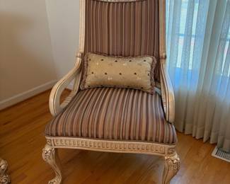 R10 - $1500. Benneti Italia Elegant Living Room Set. Oversized. Has ornate carved wood frames. Includes a comfy sofa, two armchairs, a coffee table with a glass top, and glass top side table. Upholstery is in brown and gold tones. Comes with decorative pillows.  DIMENSIONS:   Sofa approx. 8ft L x 3ft D x 4ft H. Large side chair 60”W x 38”D x 48”H.  Accent chair 31”W x 29”D x 45”H.  Side table 38”W x 38”D x 28”H.  Coffee table 63”L x 41”W x 19.5”H 