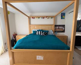 R7 - $150. Cindy Crawford Home King Canopy Bed. Measures 80.25" wide x 87.25" deep x 85.5" tall. Has sticker residue on the headboard. Mattress is included if you want it! Located on the 2nd story. 