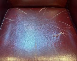 R2 - $40. Leather Swivel Chair. Brown. Measures 33" wide x 31" deep x 32" tall. Floor to seat is 18".  Seat has some cracking - arms and back are in good condition. 