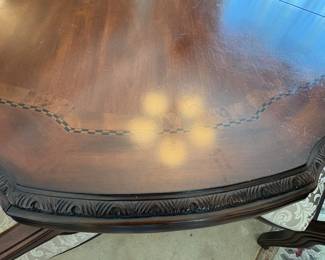 R11 - $750. Michael Amini Signature Series by AICO Hazelnut “Villagio” table & chairs wood dining table set & china cabinet.  Table does have some surface scratches and Table has 6 upholstered chairs and extendable leaf for flexible sizing. Chairs have leaf patterned fabric seats and backs, with carved wood frames.  DIMENSIONS:   Table w/ leaf 84” L x 60” W x 31”H  Leaf 24”W  Arm Chair  Seat 27.25”W x 24.25 D x 45”H  Side Chair Seat 24”W x 24.25 D x 45”H Floor to seat 19”  China Cabinet  Dimensions: 88 1/2"H x 66"W x 19"D Features Built in 3-mood touch lighting system