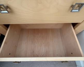 R6 - $100 PAIR of Cindy Crawford Home Large Nightstands. Measures 30" wide x 16.75" deep x 29.25" tall. Both have significant wear on the tops but the drawers all slide. 