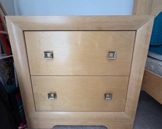 R6 - $100 PAIR of Cindy Crawford Home Large Nightstands. Measures 30" wide x 16.75" deep x 29.25" tall. Both have significant wear on the tops but the drawers all slide. 