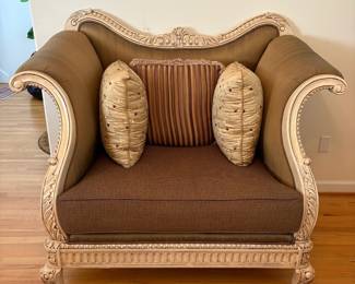 R10 - $1500. Benneti Italia Elegant Living Room Set. Oversized. Has ornate carved wood frames. Includes a comfy sofa, two armchairs, a coffee table with a glass top, and glass top side table. Upholstery is in brown and gold tones. Comes with decorative pillows.  DIMENSIONS:   Sofa approx. 8ft L x 3ft D x 4ft H. Large side chair 60”W x 38”D x 48”H.  Accent chair 31”W x 29”D x 45”H.  Side table 38”W x 38”D x 28”H.  Coffee table 63”L x 41”W x 19.5”H 