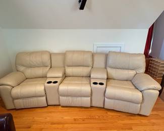 R1 - $350 Each. *2 Available* Haverty's Motion Leather Reclining Sofa. 3 seats - both ends are recliners. Moves in 5 Pieces. Assembled it is 113" long x 38" deep x 38" tall. Floor to Seat is 18.5".  These are located on the 3rd floor. YOU NEED 2 STRONG PEOPLE to move!