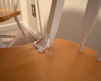 R93 - $100. Round wood top dining table. 2 chairs are good - 1 needs repair. 