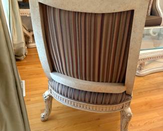 R10 - $1500. Benneti Italia Elegant Living Room Set. Oversized. Has ornate carved wood frames. Includes a comfy sofa, two armchairs, a coffee table with a glass top, and glass top side table. Upholstery is in brown and gold tones. Comes with decorative pillows.  DIMENSIONS:   Sofa approx. 8ft L x 3ft D x 4ft H. Large side chair 60”W x 38”D x 48”H.  Accent chair 31”W x 29”D x 45”H.  Side table 38”W x 38”D x 28”H.  Coffee table 63”L x 41”W x 19.5”H 