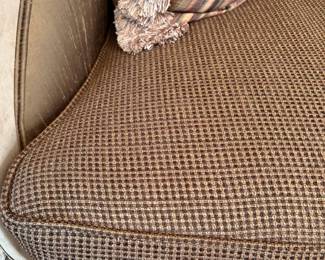 R10 - $1500. Benneti Italia Elegant Living Room Set. Oversized. Has ornate carved wood frames. Includes a comfy sofa, two armchairs, a coffee table with a glass top, and glass top side table. Upholstery is in brown and gold tones. Comes with decorative pillows.  DIMENSIONS:   Sofa approx. 8ft L x 3ft D x 4ft H. Large side chair 60”W x 38”D x 48”H.  Accent chair 31”W x 29”D x 45”H.  Side table 38”W x 38”D x 28”H.  Coffee table 63”L x 41”W x 19.5”H 