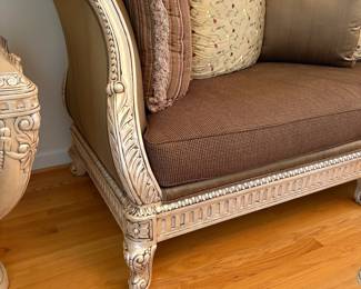 R10 - $1500. Benneti Italia Elegant Living Room Set. Oversized. Has ornate carved wood frames. Includes a comfy sofa, two armchairs, a coffee table with a glass top, and glass top side table. Upholstery is in brown and gold tones. Comes with decorative pillows.  DIMENSIONS:   Sofa approx. 8ft L x 3ft D x 4ft H. Large side chair 60”W x 38”D x 48”H.  Accent chair 31”W x 29”D x 45”H.  Side table 38”W x 38”D x 28”H.  Coffee table 63”L x 41”W x 19.5”H 