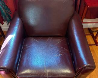 R2 - $40. Leather Swivel Chair. Brown. Measures 33" wide x 31" deep x 32" tall. Floor to seat is 18".  Seat has some cracking - arms and back are in good condition. 