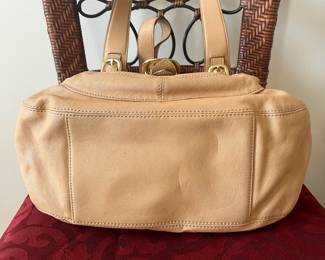 R43 - $35. Michael Kors Hudson Tan Leather Purse. Measures 16" x 4" deep x 11" tall. 