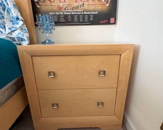 R6 - $100 PAIR of Cindy Crawford Home Large Nightstands. Measures 30" wide x 16.75" deep x 29.25" tall. Both have significant wear on the tops but the drawers all slide. 