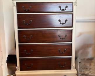 R12 - $125. Chest of Drawers / Dresser. Measures 40.25" x 20" deep x 50.25" tall. All drawers slide. Has been used in a dining room for extra linen storage. 
