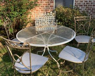 Heavy iron set/4 chairs and White plexitop metal table and white iron planter