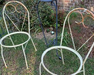 Pr of iron chairs with seats. Iron plant stand. 