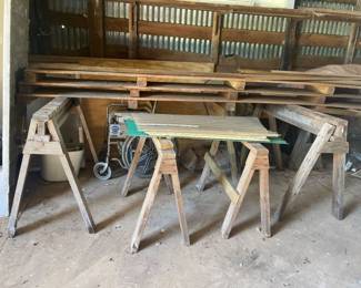 Saw horses, lumber, shop items. 