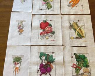 Nine HandStitched Vegetable Themed Cross Stitch Panels