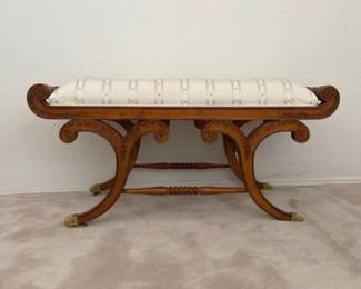 Vintage Carved Wood  Fabric Seat