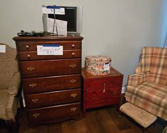 Chest of drawers, night stand, chairs 
