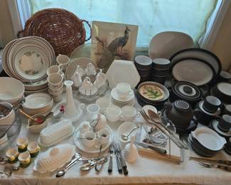 Lots of milk glass; English stoneware