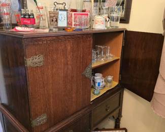 Antique wood food cupboard; Coca-Cola collectibles