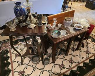 glass top, highly carved display end table, studio glass vase, crystal and silverplate decor