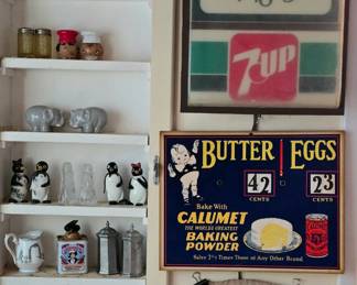 Vintage electric 7-Up clock; antique and vintage salt & pepper shakers; stunning 19th century hand beaded tea cozy