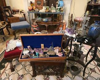 Antique side tables; rocks and minerals (quartz, amethyst, raw ruby in zoisite; turquoise