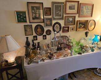 Vintage art and photographs; lots of smalls; Fenton glass; uranium glass and more