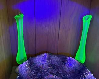 Uranium glass vases; carnival glass