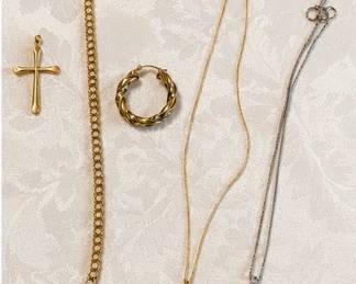 Gold filled cross, 18kt gold vermeil bracelet & two 14kt gold heart necklaces