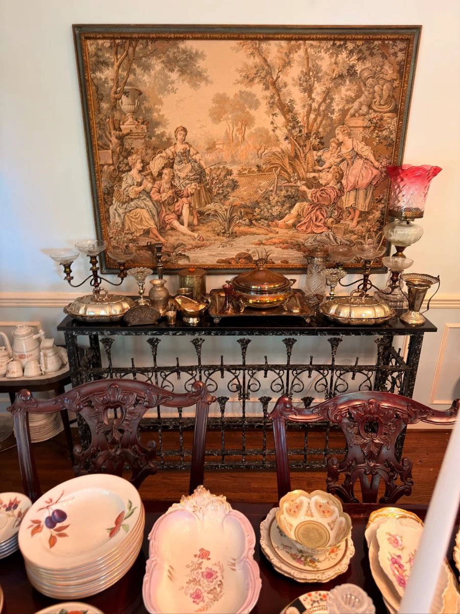 Antique Display Cabinet with Tapestry and Porcelain Collection