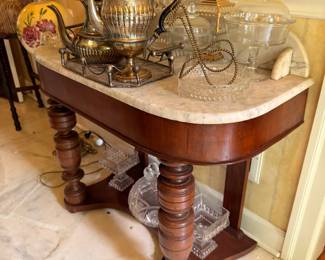 Antique Marble Top Table Turned Legs Silver Tea Service Brass