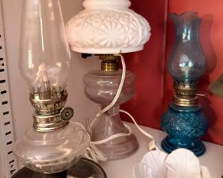 White Milk Glass Hobnail Oil Lamp Blue Glass Lamp Clear Tole Flower Vintage