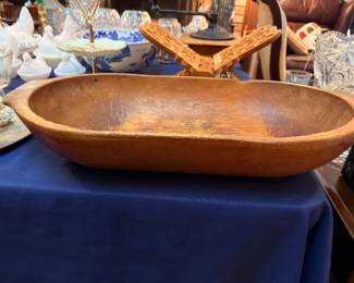 Large Antique Wooden Dough Bowl with Woven Basket