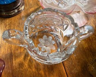 Clear Cut Glass Flower Pattern Bowl Etched Floral Crystal Dish