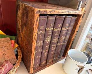 Antique Bible Story Book Set Wood Crate Gospel Leather Bound Volumes Religious