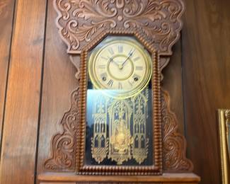 Antique Gingerbread Mantel Clock Carved Wood Brass Face