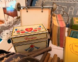 Painted Folk Art Recipe Box and Vintage Kitchen Items