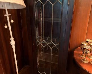 Dark Wood Bookcase with Leaded Glass Doors and Floor Lamp