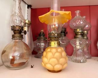 Antique Oil Lamp Collection Glass Chimneys Yellow Shade Pink Pineapple Lamp