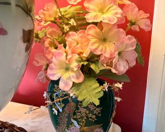 Green Ceramic Vase Painted Floral Bird Design Silk Flowers Asian Chinoiserie