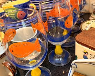 Hand Painted Wine Glasses Fish Design Blue Stems Colorful Art Goblets