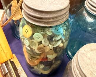 Blue Mason Jar Filled with Vintage Buttons Collection Collectible