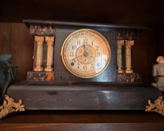 Antique Black Mantel Clock Gold Face Columns Ornate Victorian