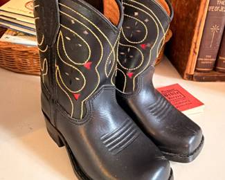 Vintage Childrens Cowboy Boots Black Leather Embroidered Western Kids Collectible