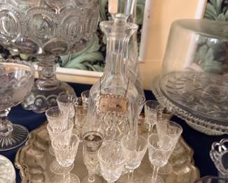 Crystal Decanter Cordial Glasses Silver Tray Barware Liquor Set Elegant