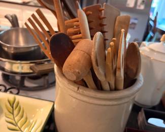 Ceramic Crock with Wooden Kitchen Utensils and Spoons