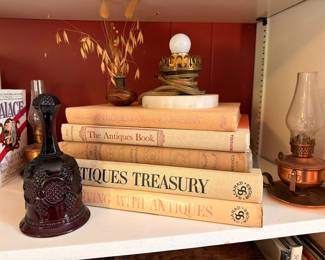Antiques Treasury Reference Books Stack Oil Lamp Ruby Glass Bell Wheat Decor